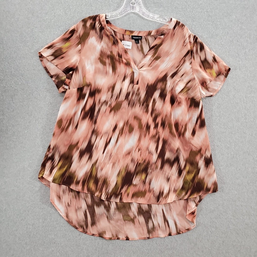 TORRID Women Top 0 Pink Tie Dye Blouse Georgette Multi Print Split Neck Pullover